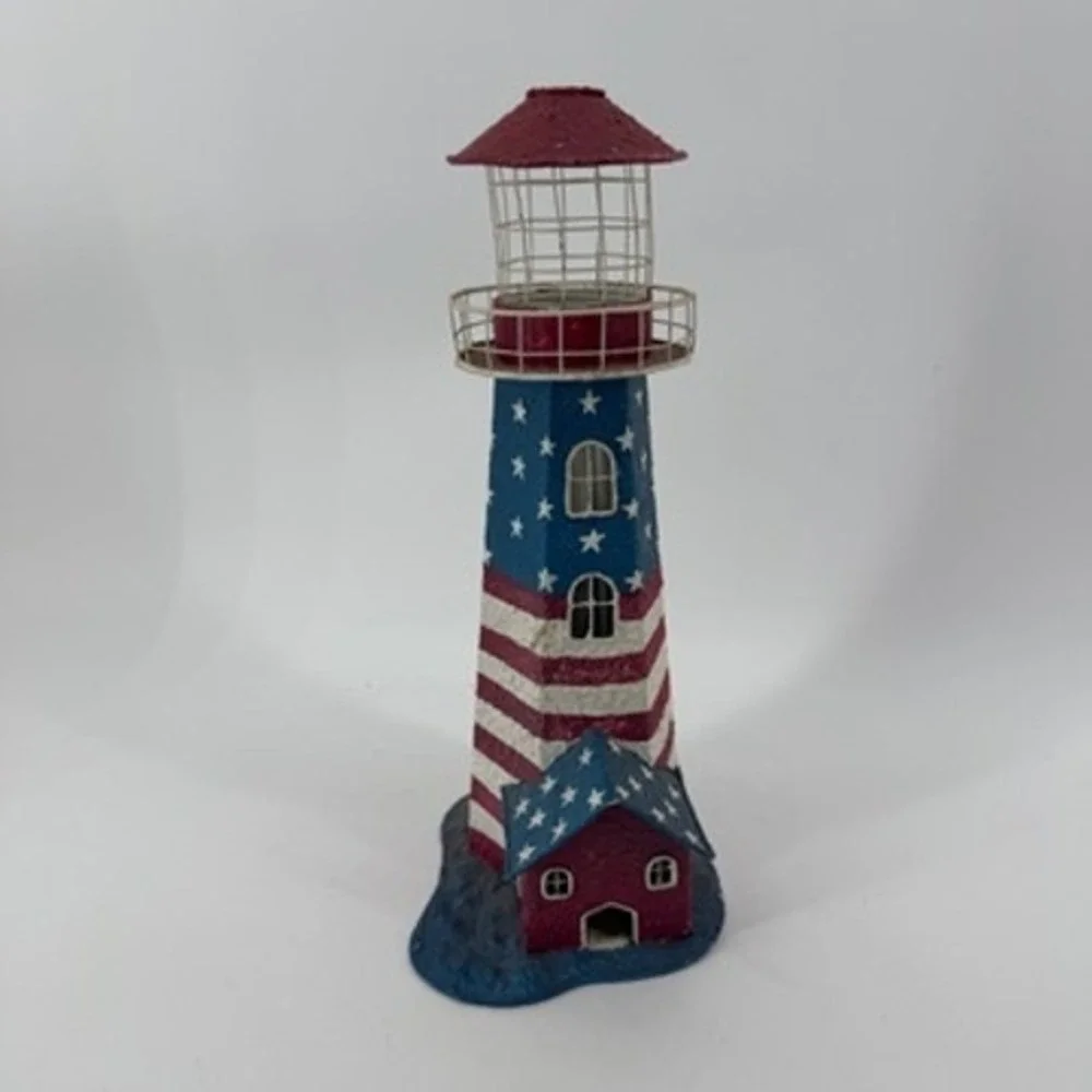 Patriotic American Flag Lighthouse Figurine Red White Blue Stars Stripes 12